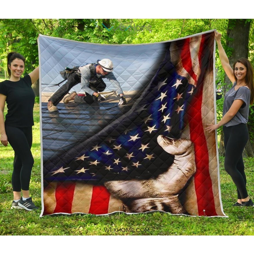 Roofer Hand Pulling American Flag Quilt