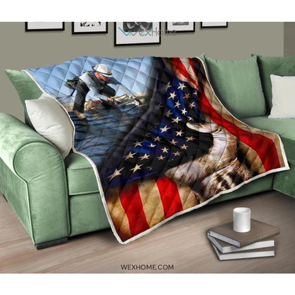Roofer Hand Pulling American Flag Quilt