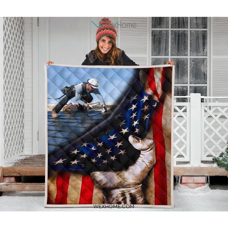 Roofer Hand Pulling American Flag Quilt
