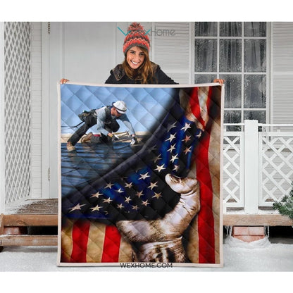 Roofer Hand Pulling American Flag Quilt