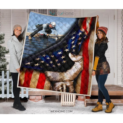 Roofer Hand Pulling American Flag Quilt
