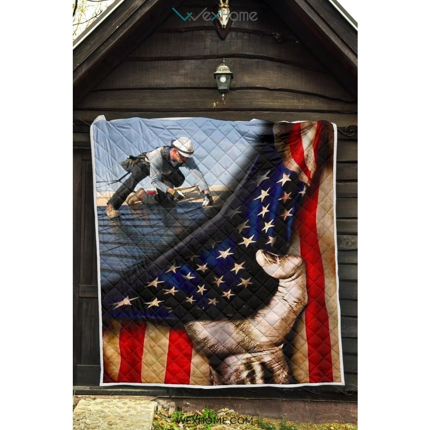 Roofer Hand Pulling American Flag Quilt