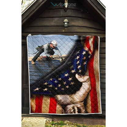 Roofer Hand Pulling American Flag Quilt