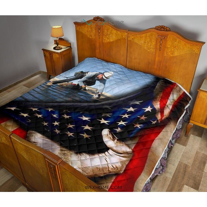 Roofer Hand Pulling American Flag Quilt