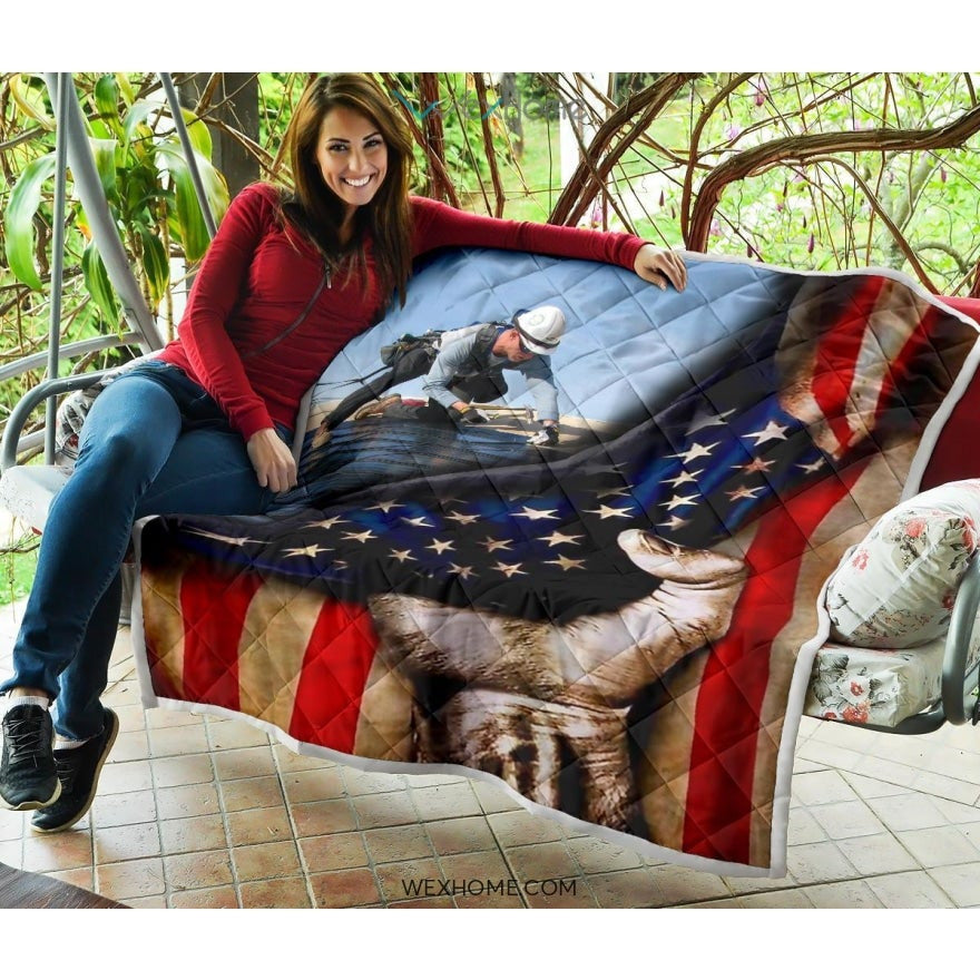 Roofer Hand Pulling American Flag Quilt