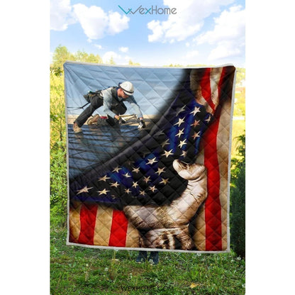 Roofer Hand Pulling American Flag Quilt