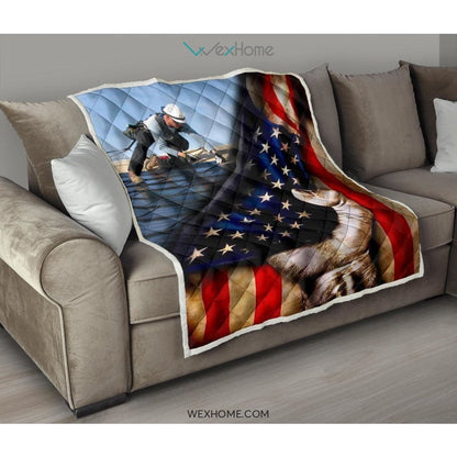 Roofer Hand Pulling American Flag Quilt
