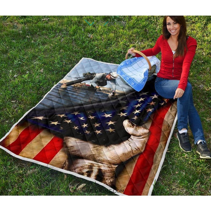 Roofer Hand Pulling American Flag Quilt