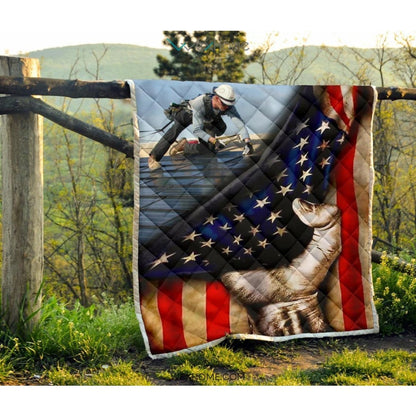 Roofer Hand Pulling American Flag Quilt