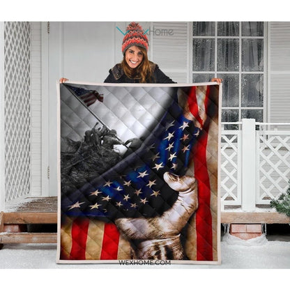 US Veteran Hand Pulling American Flag Quilt