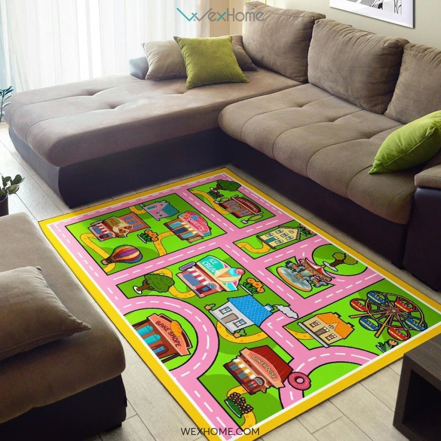 Colourful Fun Land Theme Park Roads Nursery Area Rug