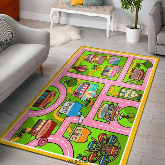 Colourful Fun Land Theme Park Roads Nursery Area Rug