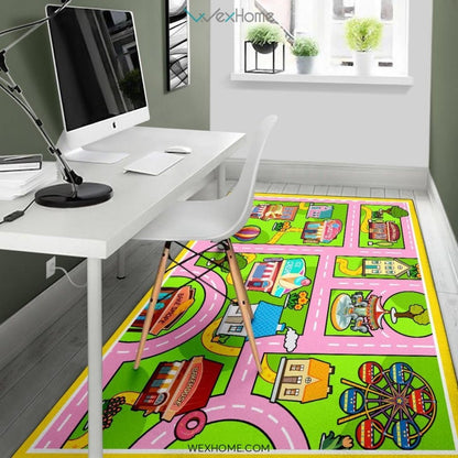 Colourful Fun Land Theme Park Roads Nursery Area Rug