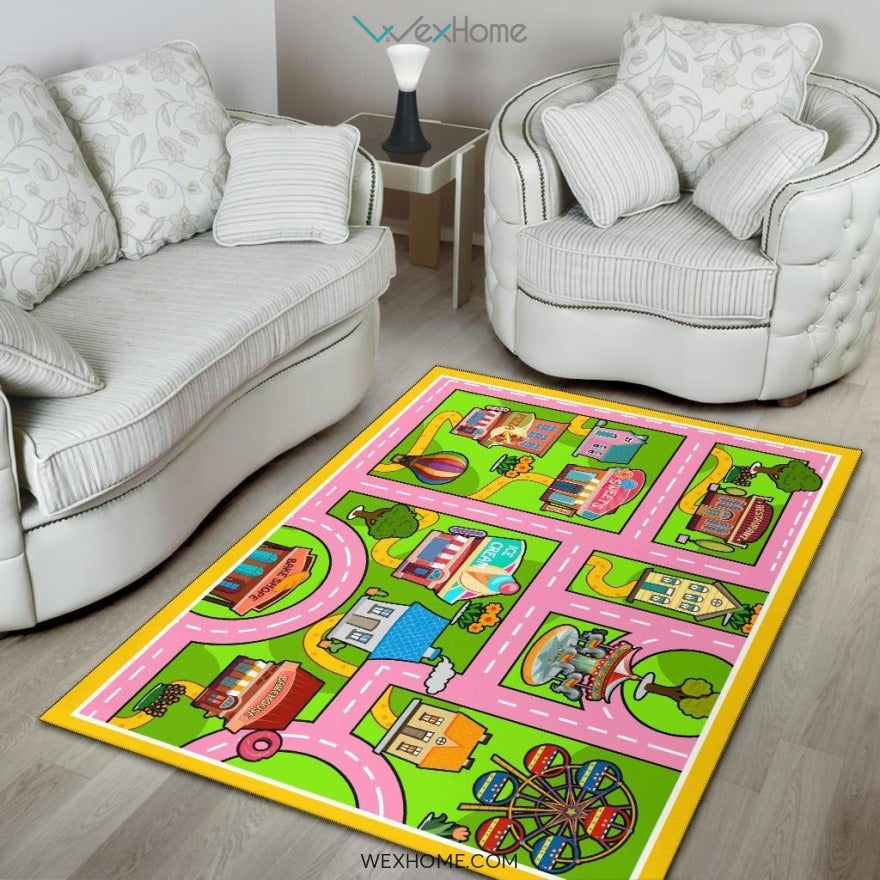 Colourful Fun Land Theme Park Roads Nursery Area Rug