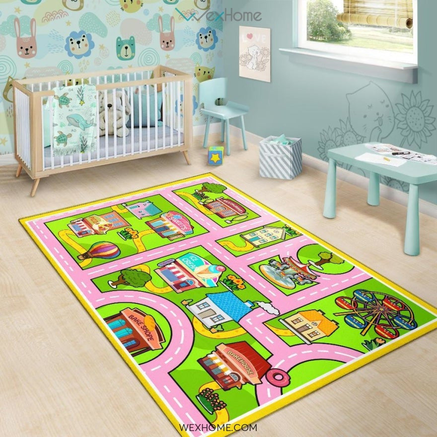 Colourful Fun Land Theme Park Roads Nursery Area Rug