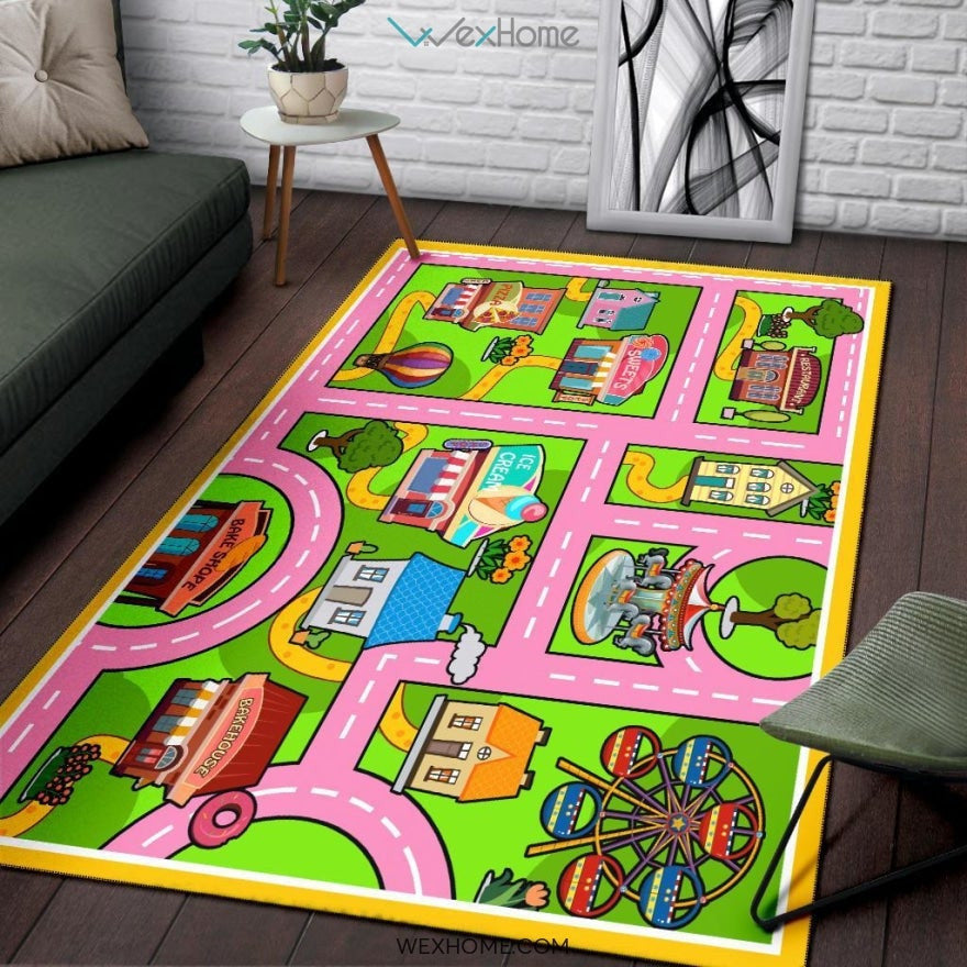 Colourful Fun Land Theme Park Roads Nursery Area Rug