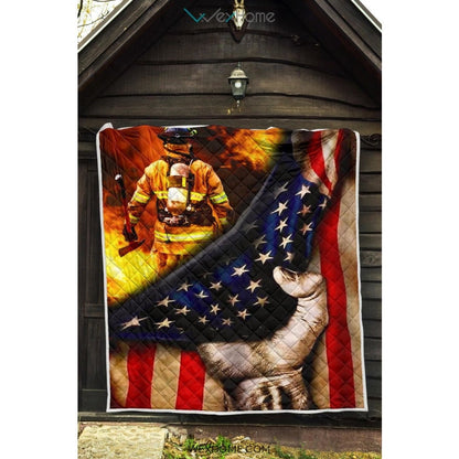 Firefighter Hand Pulling American Flag Quilt