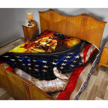 Firefighter Hand Pulling American Flag Quilt