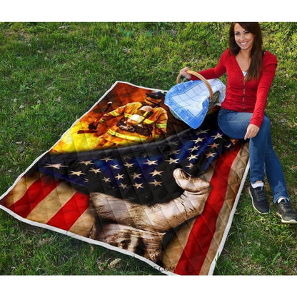 Firefighter Hand Pulling American Flag Quilt