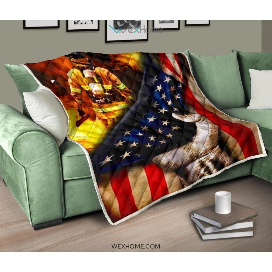 Firefighter Hand Pulling American Flag Quilt