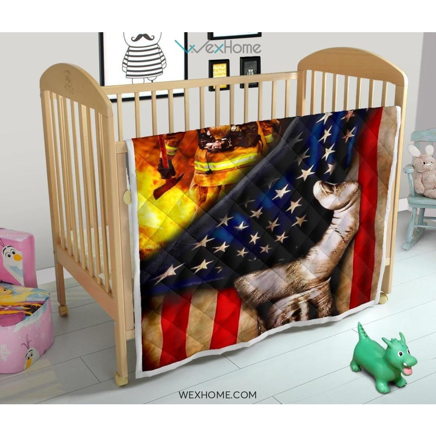 Firefighter Hand Pulling American Flag Quilt