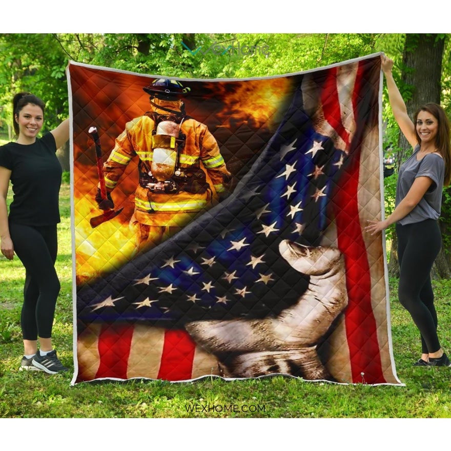 Firefighter Hand Pulling American Flag Quilt