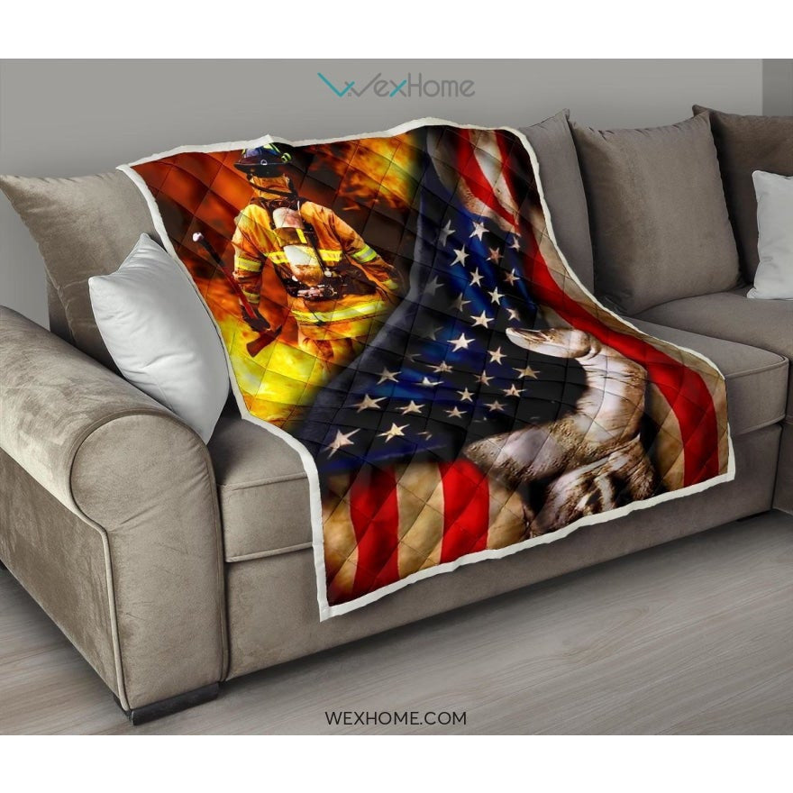 Firefighter Hand Pulling American Flag Quilt