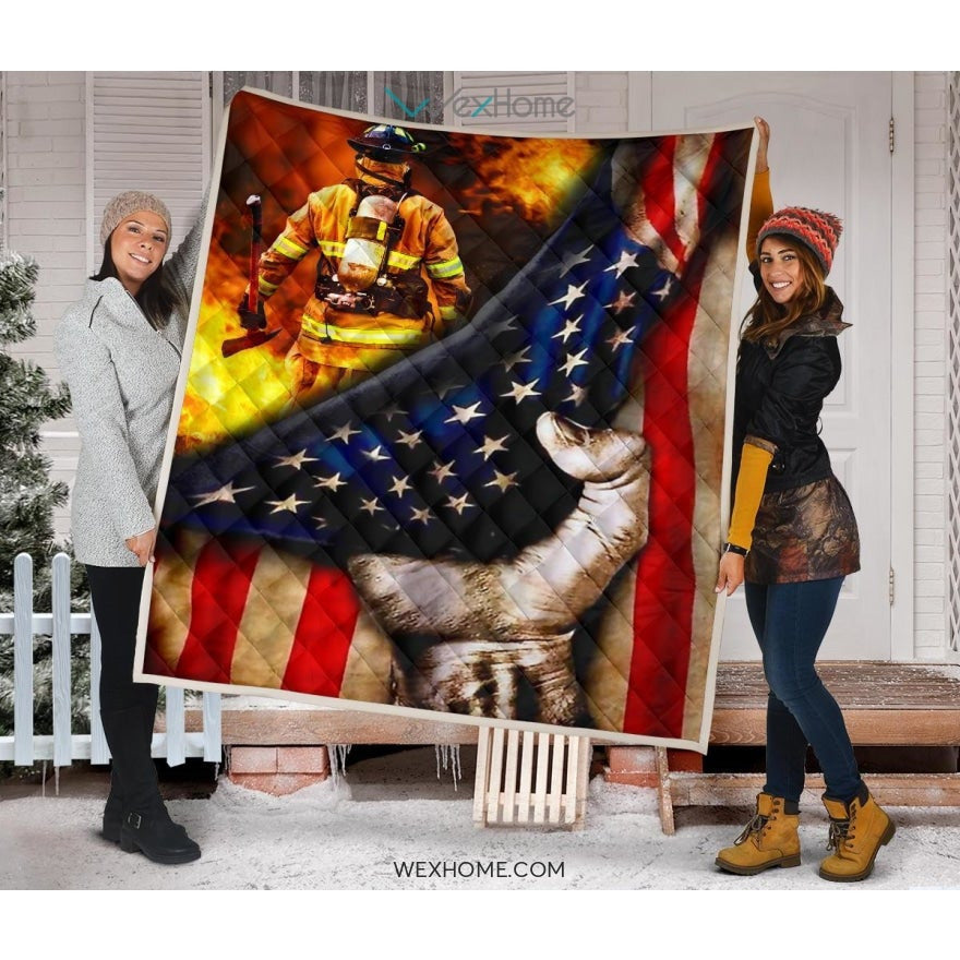 Firefighter Hand Pulling American Flag Quilt