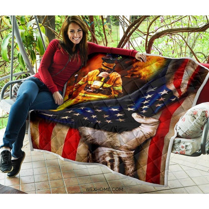 Firefighter Hand Pulling American Flag Quilt