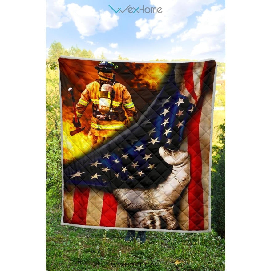 Firefighter Hand Pulling American Flag Quilt