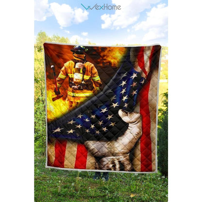 Firefighter Hand Pulling American Flag Quilt