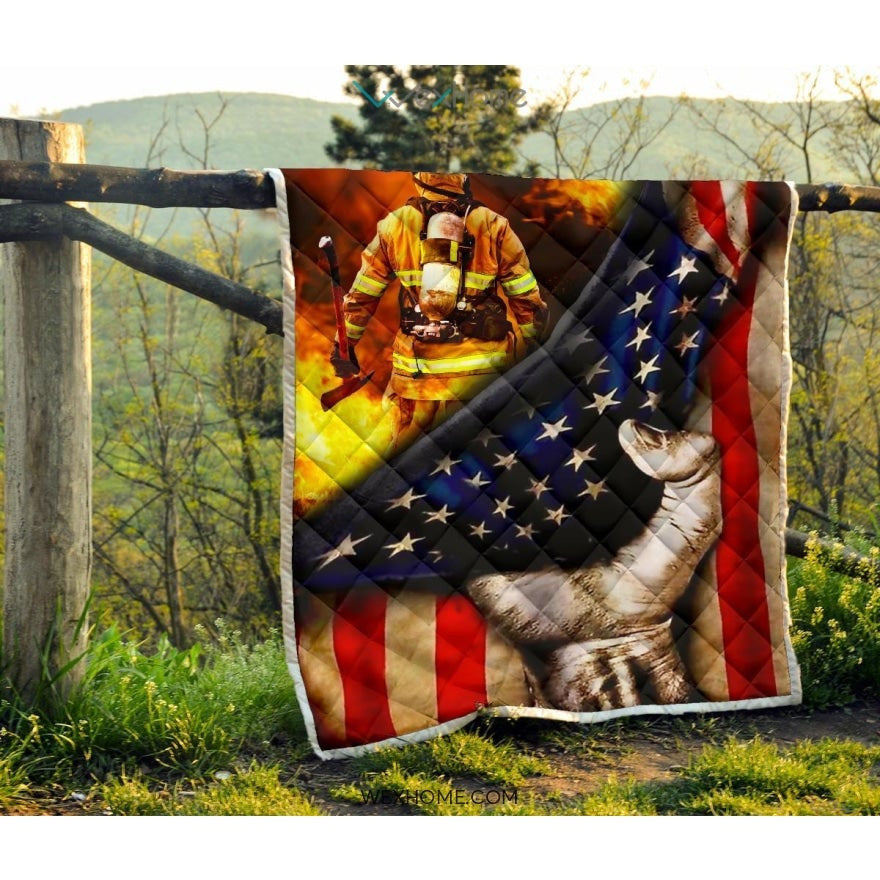 Firefighter Hand Pulling American Flag Quilt
