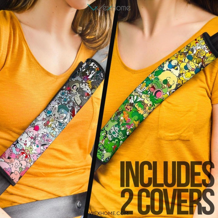 Pokemon Anime Seat Belt Covers | Black Pink Doodle Pokemon Belt Covers