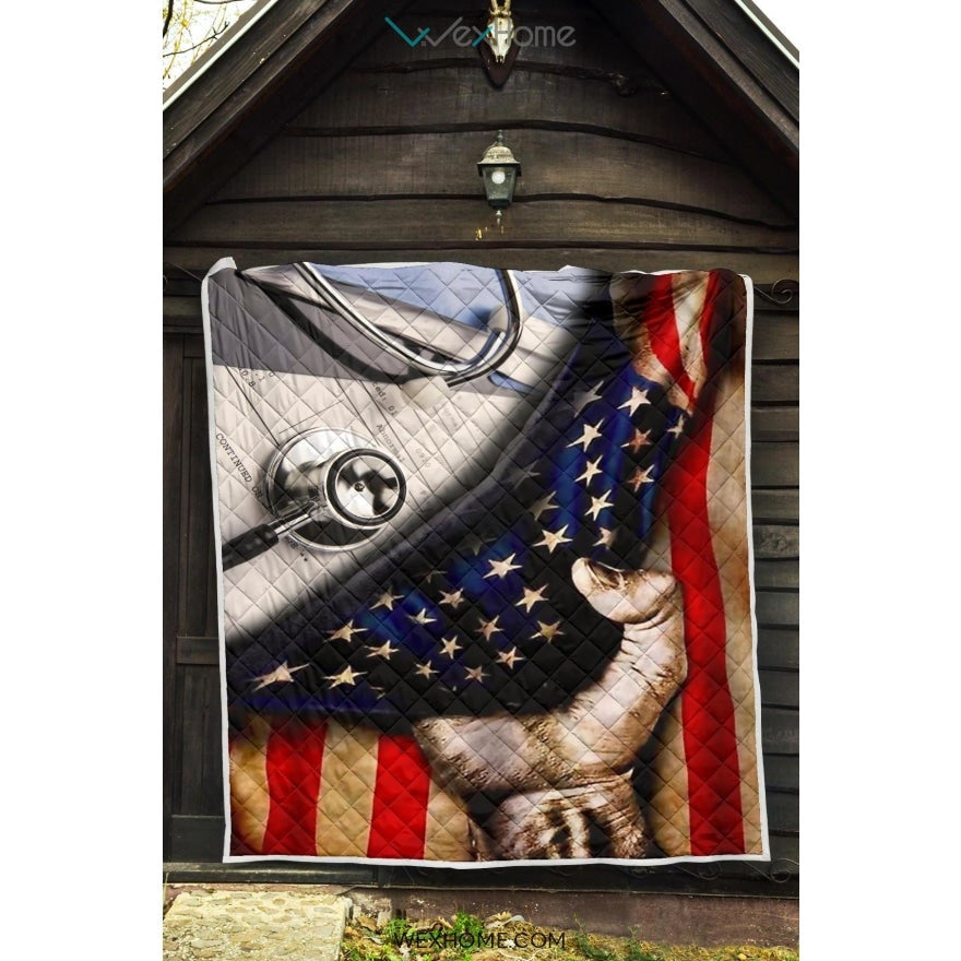 Nurse Hand Pulling American Flag Quilt