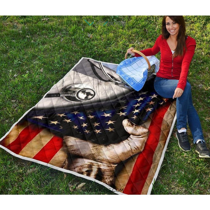 Nurse Hand Pulling American Flag Quilt