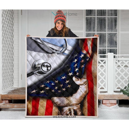 Nurse Hand Pulling American Flag Quilt