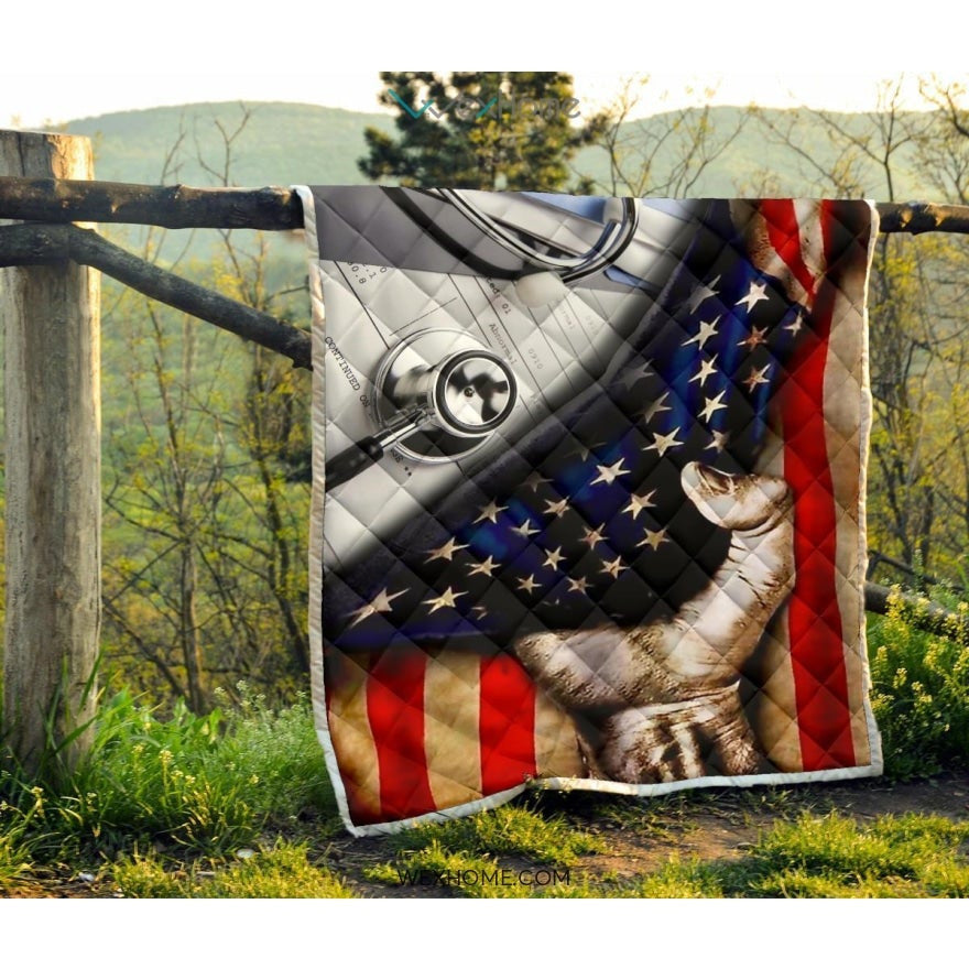Nurse Hand Pulling American Flag Quilt