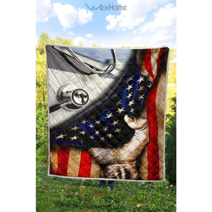 Nurse Hand Pulling American Flag Quilt