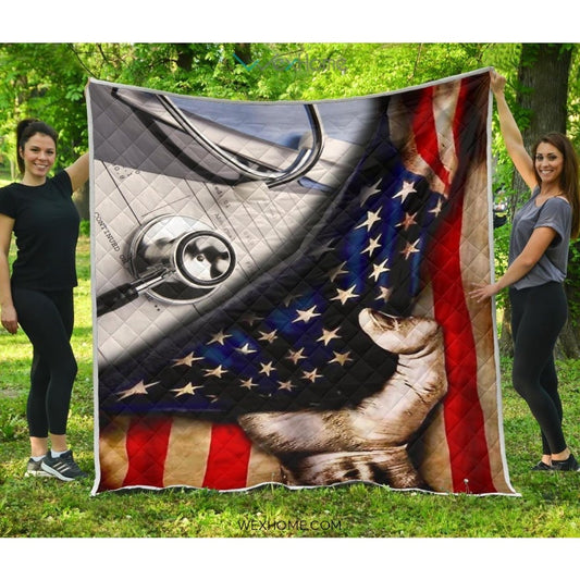 Nurse Hand Pulling American Flag Quilt
