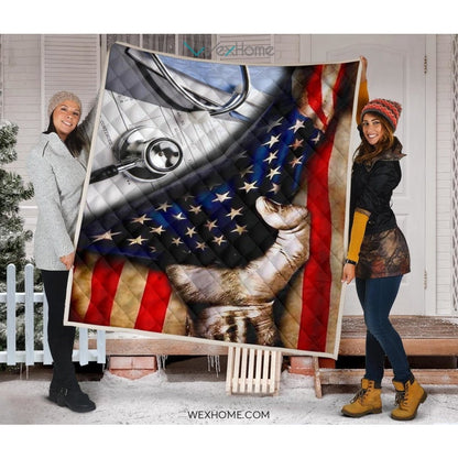 Nurse Hand Pulling American Flag Quilt
