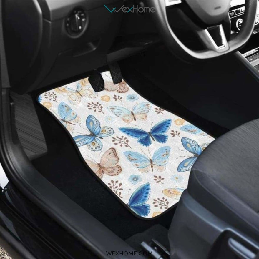 Blue Butterfly Pattern Front And Back Car Mats