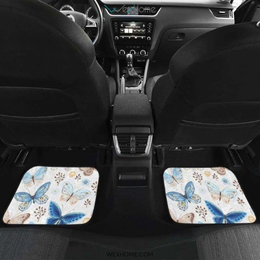 Blue Butterfly Pattern Front And Back Car Mats