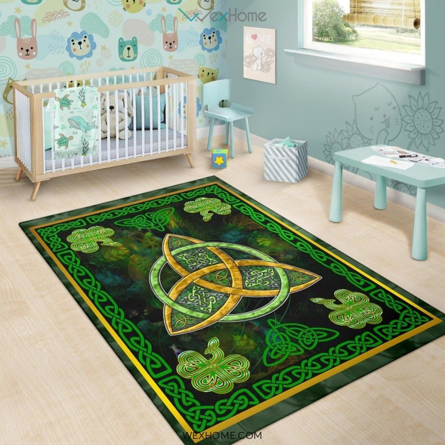 Celtic Knots Irish St Patrick's Day With Green Three Leaved Shamrock Nursery Area Rug