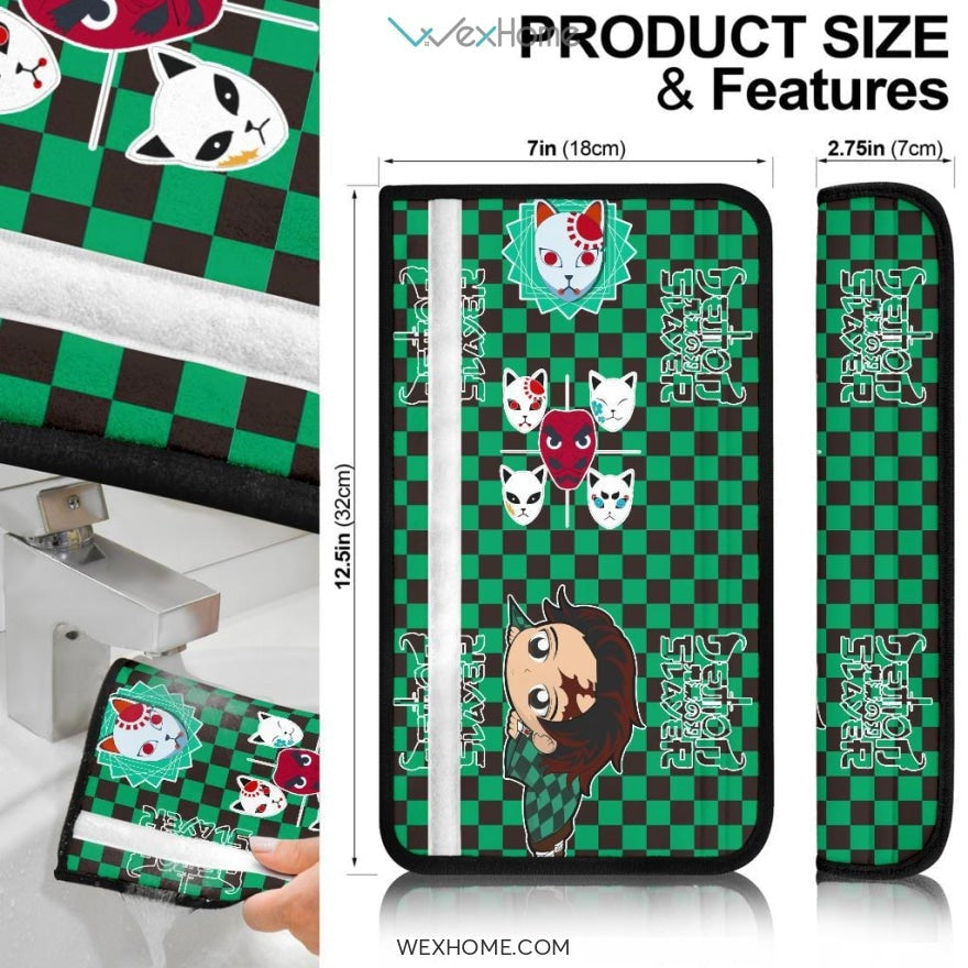 Demon Slayers Anime Seat Belt Covers | Chibi Tanjirou Checkered Background Belt Covers