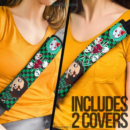 Demon Slayers Anime Seat Belt Covers | Chibi Tanjirou Checkered Background Belt Covers
