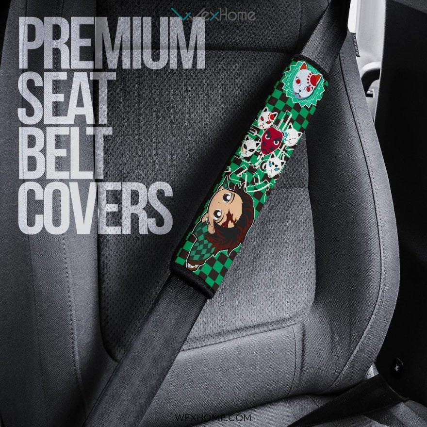 Demon Slayers Anime Seat Belt Covers | Chibi Tanjirou Checkered Background Belt Covers