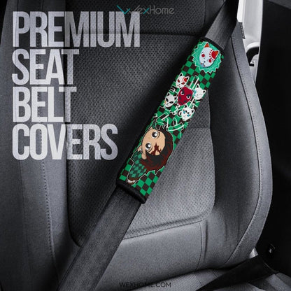 Demon Slayers Anime Seat Belt Covers | Chibi Tanjirou Checkered Background Belt Covers