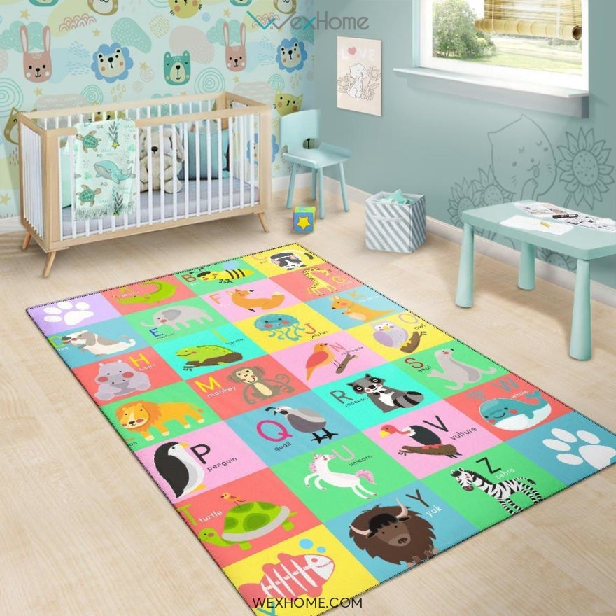 Collection ABC Alphabet Animal Educational Nursery Area Rug