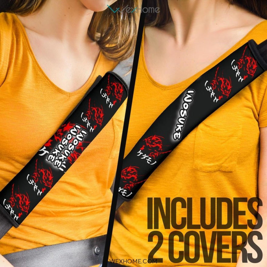 Demon Slayer Anime Seat Belt Covers | DS Inosuke Red Neon Shadow Belt Covers