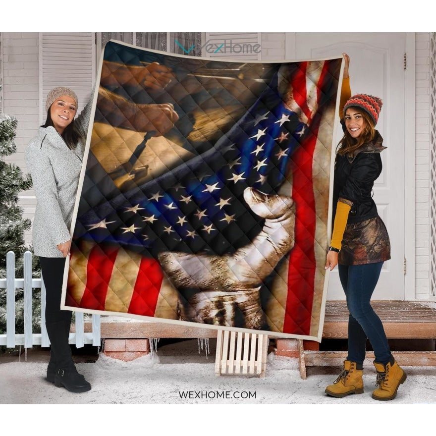 Carpenter Hand Pulling American Flag Quilt